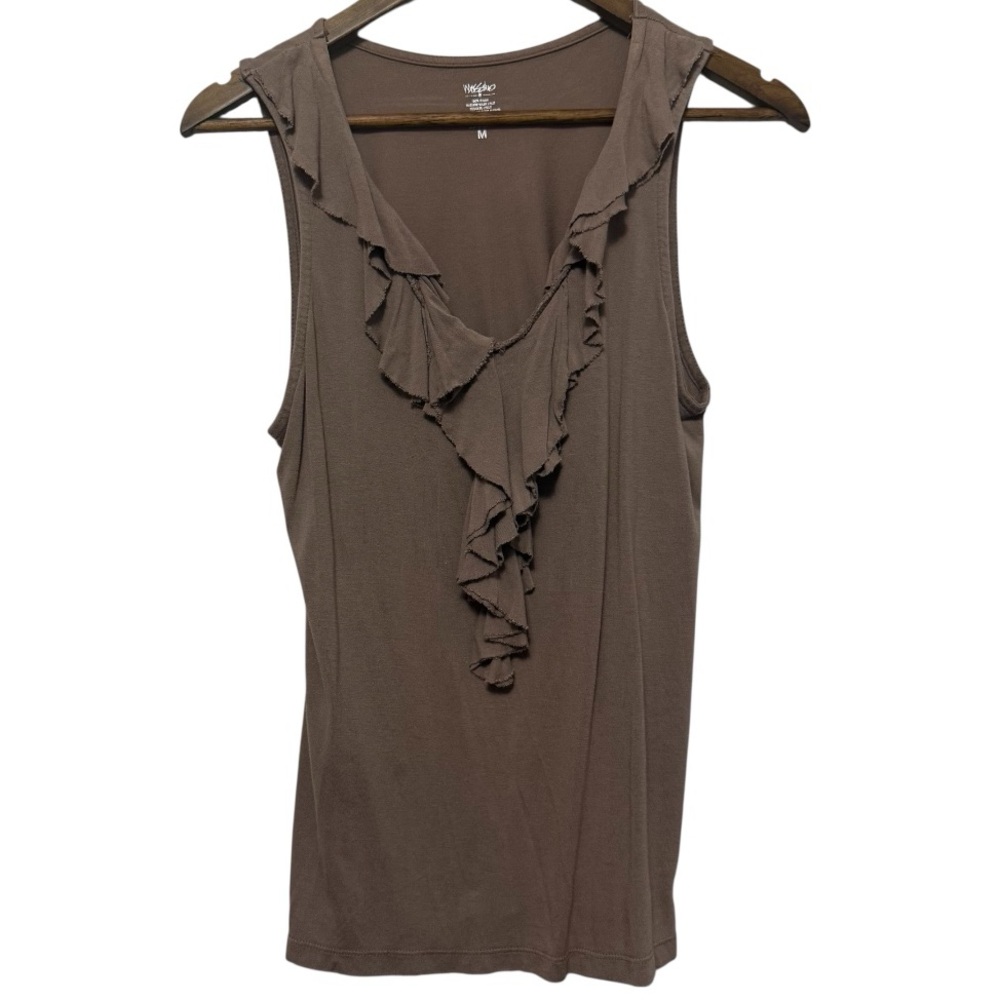 Mossimo Y2K Jersey Knit Ruffled Sleeveless Top Women’s Medium Taupe Distressed